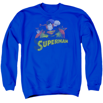 Royal men's crewneck sweatshirt with Justice League Superman Rough Distress graphic
