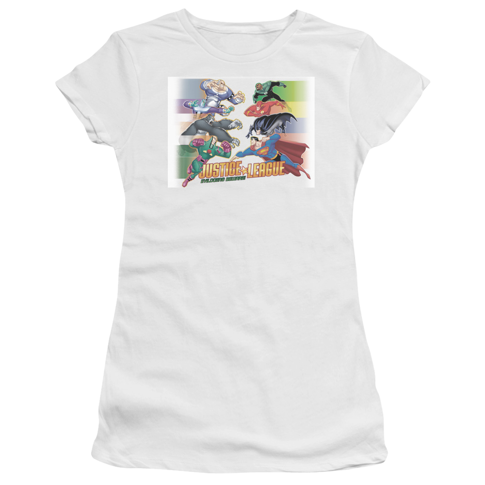 Justice League Evildoers Beware - Juniors T-Shirt Juniors T-Shirt Justice League   