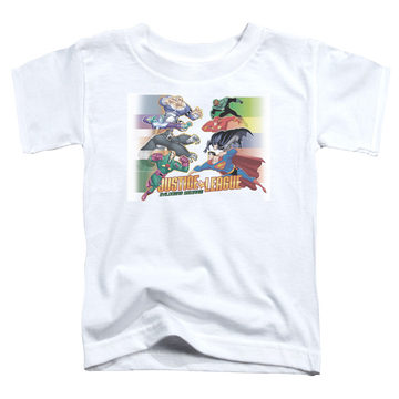 White toddler t-shirt with Justice League Evildoers Beware graphic