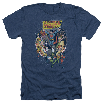 Navy men's heather t-shirt with Justice League Star Group graphic