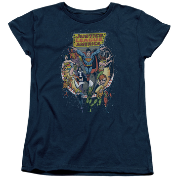 Navy women's t-shirt with Justice League Star Group graphic