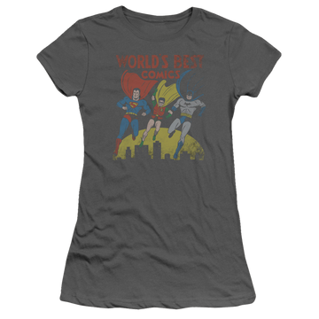 Charcoal juniors t-shirt with Justice League Worlds Best graphic