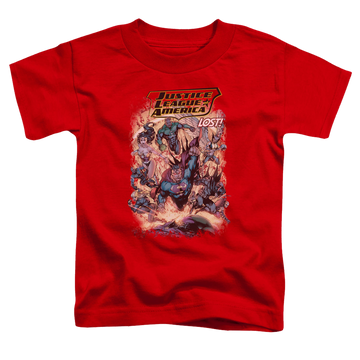 Red toddler t-shirt with Justice League Lost graphic