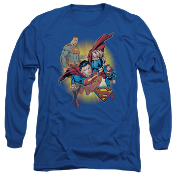 Royal men's long sleeve t-shirt with Justice League Superman Collage graphic
