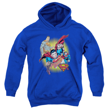 Royal youth hoodie for ages 8 to 12 with Superman Collage graphic