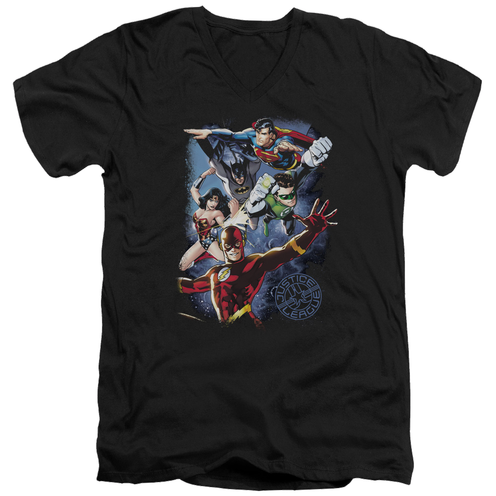 Justice League Galactic Attack Color Men's V-Neck T-Shirt Men's V-Neck T-Shirt Justice League   