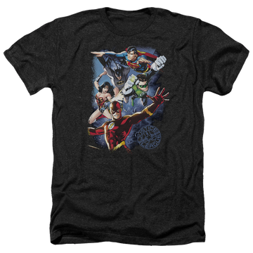 Charcoal men's heather t-shirt with Justice League Galactic Attack Color graphic