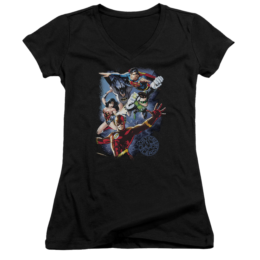 Justice League Galactic Attack Color Juniors V-Neck T-Shirt Juniors V-Neck T-Shirt Justice League   