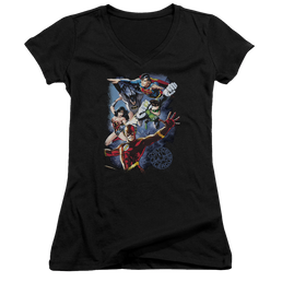 Justice League Galactic Attack Color Juniors V-Neck T-Shirt Juniors V-Neck T-Shirt Justice League   