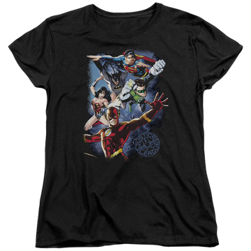 Black women's t-shirt with Justice League Galactic Attack Color graphic