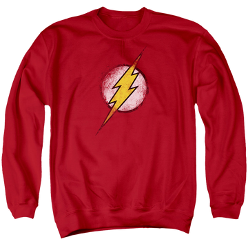 Red men's crewneck sweatshirt with The Flash Destroyed Flash Logo graphic