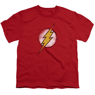 Red youth t-shirt for ages 8 to 12 with The Flash Destroyed Flash Logo graphic