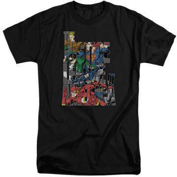 Black men's tall fit t-shirt with Justice League Lettered League graphic