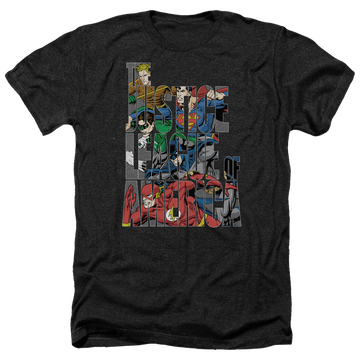 Charcoal men's heather t-shirt with Justice League Lettered League graphic