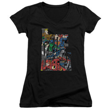 Black juniors v-neck t-shirt with Justice League Lettered League graphic