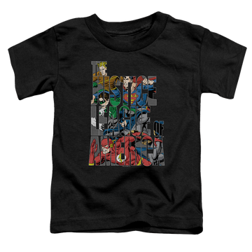 Black toddler t-shirt with Justice League Lettered League graphic