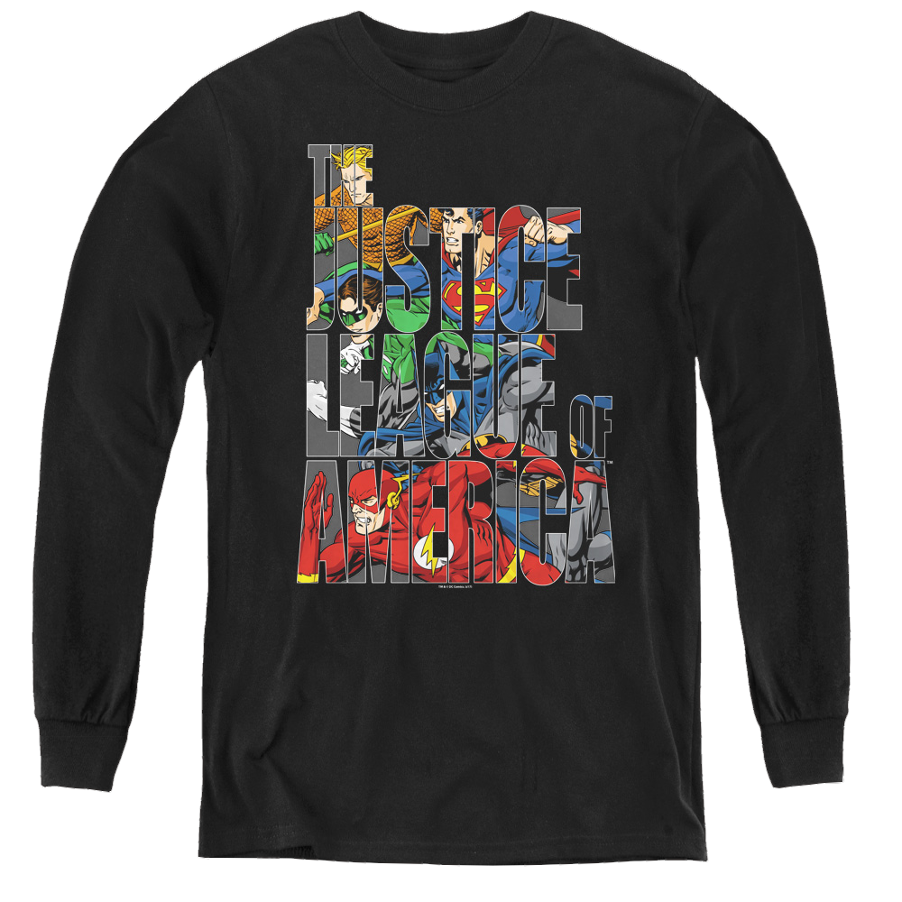 Justice League Lettered League - Youth Long Sleeve T-Shirt Youth Long Sleeve T-Shirt Justice League   