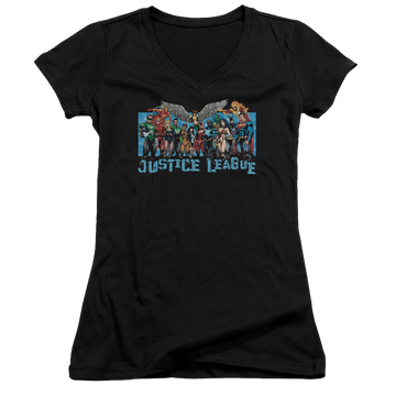 Black juniors v-neck t-shirt with Justice League League Lineup graphic