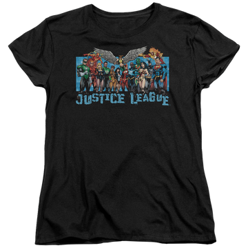 Black women's t-shirt with Justice League League Lineup graphic
