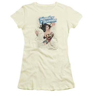 Cream juniors t-shirt with Wonder Woman Justice League Ww #14 Cover graphic