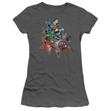 Charcoal juniors t-shirt with Justice League Starburst graphic