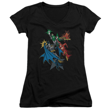 Black juniors v-neck t-shirt with Justice League Action Stars graphic
