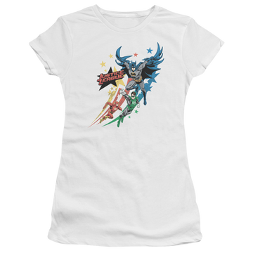 White juniors t-shirt with Justice League Allegiance graphic