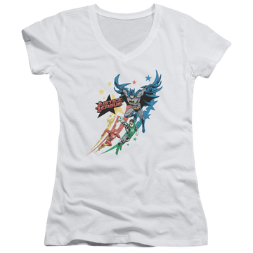 White juniors v-neck t-shirt with Justice League Allegiance graphic