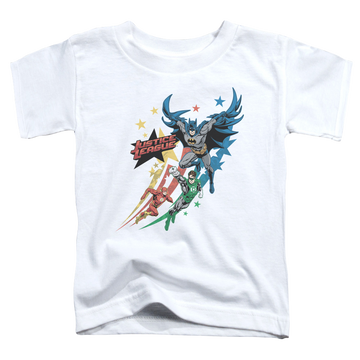 White toddler t-shirt with Justice League Allegiance graphic