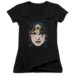 Justice League Wonder Woman Head Juniors V-Neck T-Shirt Juniors V-Neck T-Shirt Wonder Woman   
