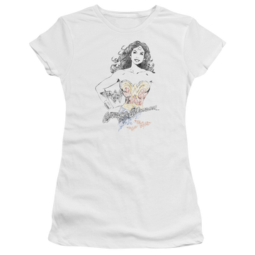 White juniors t-shirt with Wonder Woman Justice League Wonder Squiggles graphic
