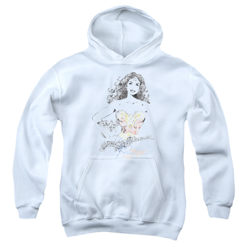 White youth hoodie for ages 8 to 12 with Wonder Woman Wonder Squiggles graphic