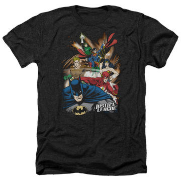 Charcoal men's heather t-shirt with Justice League Starburst graphic