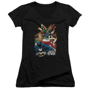 Black juniors v-neck t-shirt with Justice League Starburst graphic