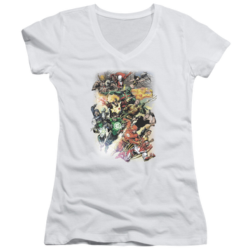 White juniors v-neck t-shirt with Justice League Brightest Day #0 graphic