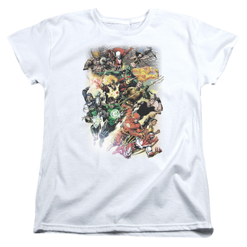 White women's t-shirt with Justice League Brightest Day #0 graphic