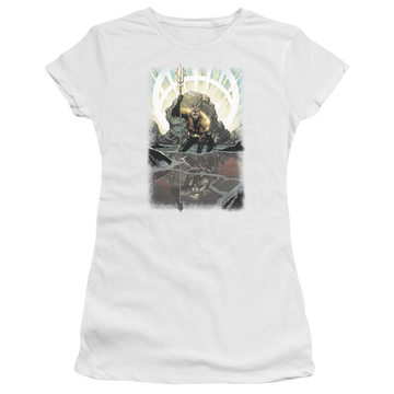 White juniors t-shirt with Brightest Day Aquaman graphic