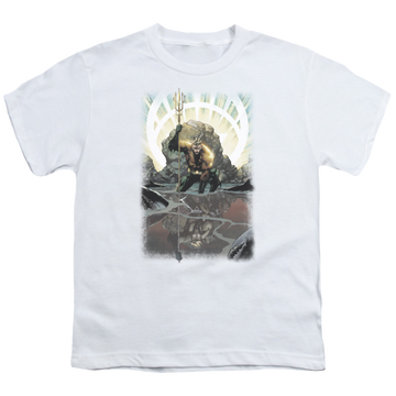 White youth t-shirt for ages 8 to 12 with Brightest Day Aquaman graphic