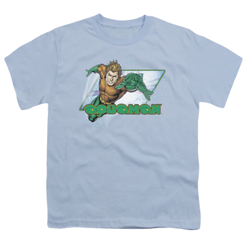 Light blue youth t-shirt for ages 8 to 12 with Aquaman graphic