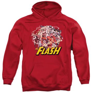 Red pullover hoodie with Flash Family graphic