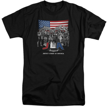 Black men's tall fit t-shirt with Justice League All American League graphic