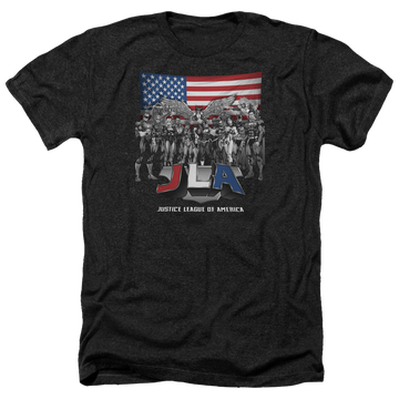 Charcoal men's heather t-shirt with Justice League All American League graphic