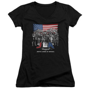 Black juniors v-neck t-shirt with Justice League All American League graphic