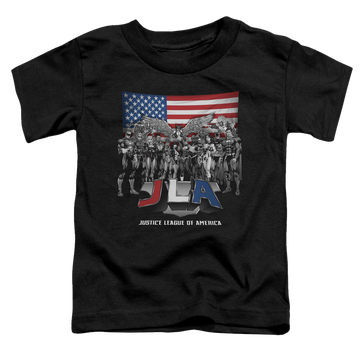 Black toddler t-shirt with Justice League All American League graphic