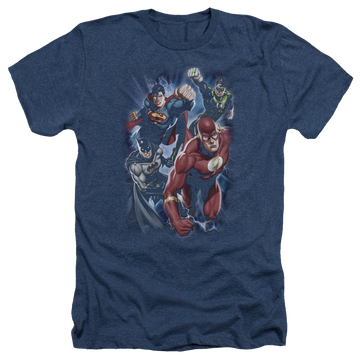 Navy men's heather t-shirt with Justice League Storm Chasers graphic