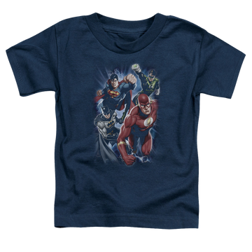 Navy toddler t-shirt with Justice League Storm Chasers graphic