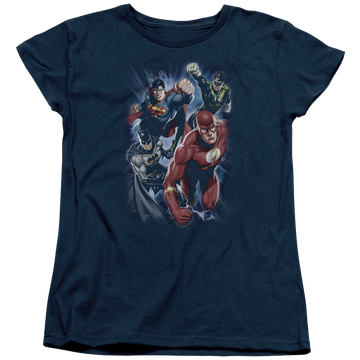 Navy women's t-shirt with Justice League Storm Chasers graphic