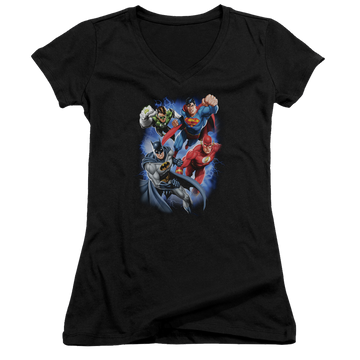 Black juniors v-neck t-shirt with Justice League Storm Makers graphic