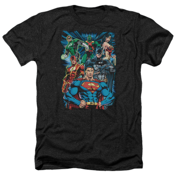 Charcoal men's heather t-shirt with Justice League Justice Is Served graphic