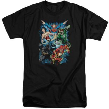 Black men's tall fit t-shirt with Justice League Jl Assemble graphic